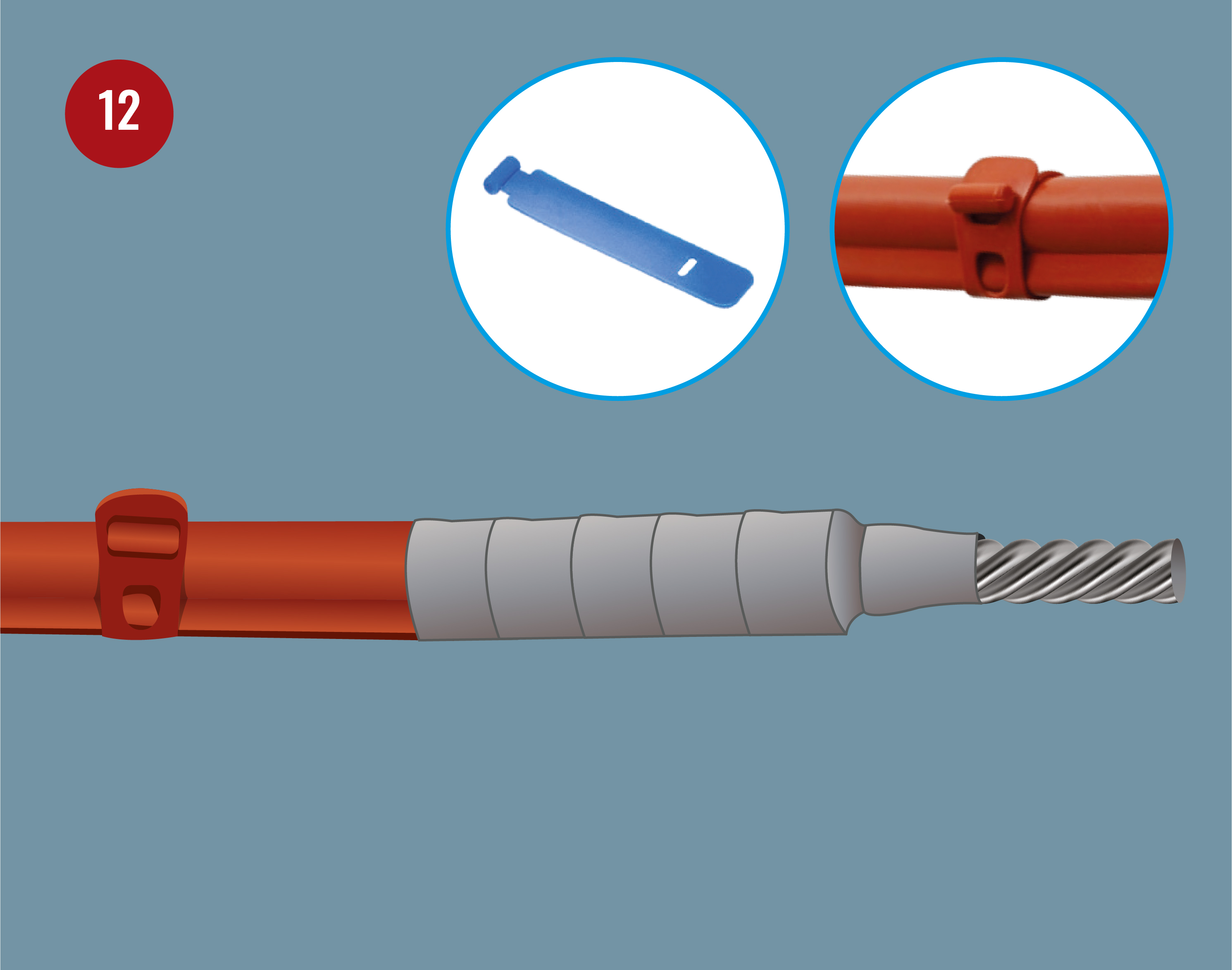Step 12 of Centroid Polymer Technologies installation guide showing a coiled product with a securing clip and the tool used for placement